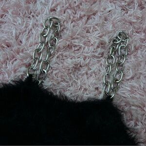 the ragged priest black faux fur silver chain strap crop top, size small